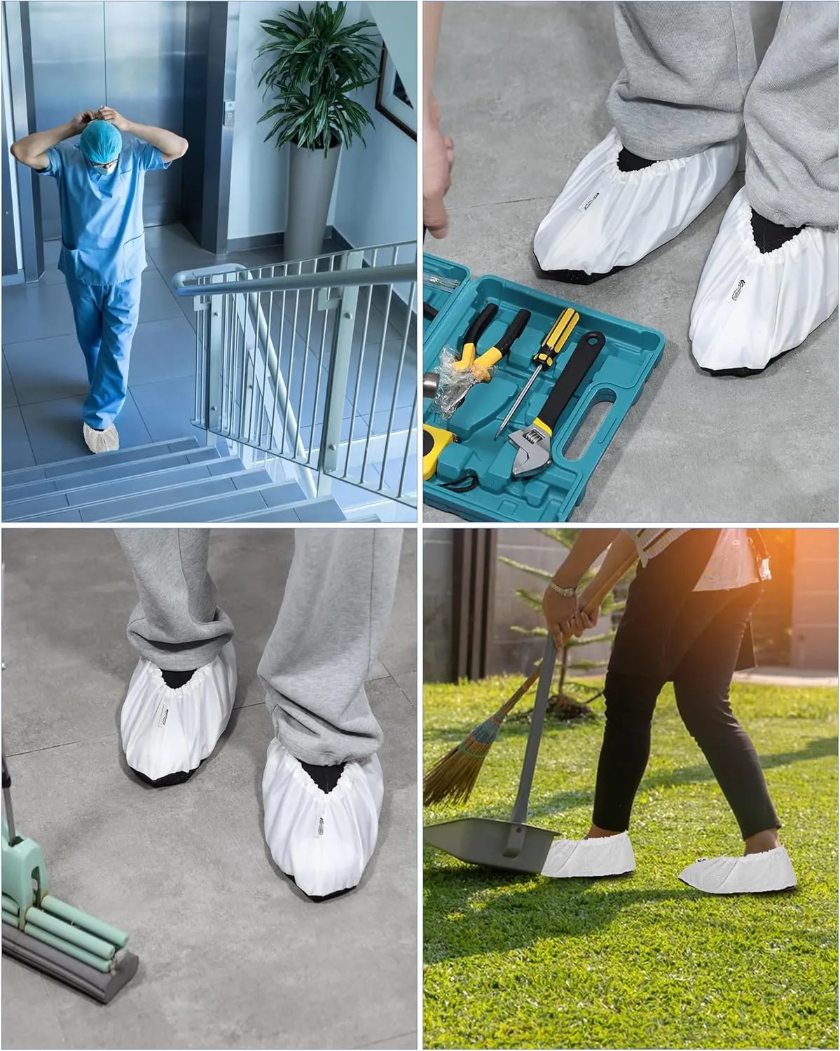 2 Pairs Non Slip waterproof Reusable shoe Covers for contrators and Carpet Floor Protection, Machine Washable. WHITE XLARGE