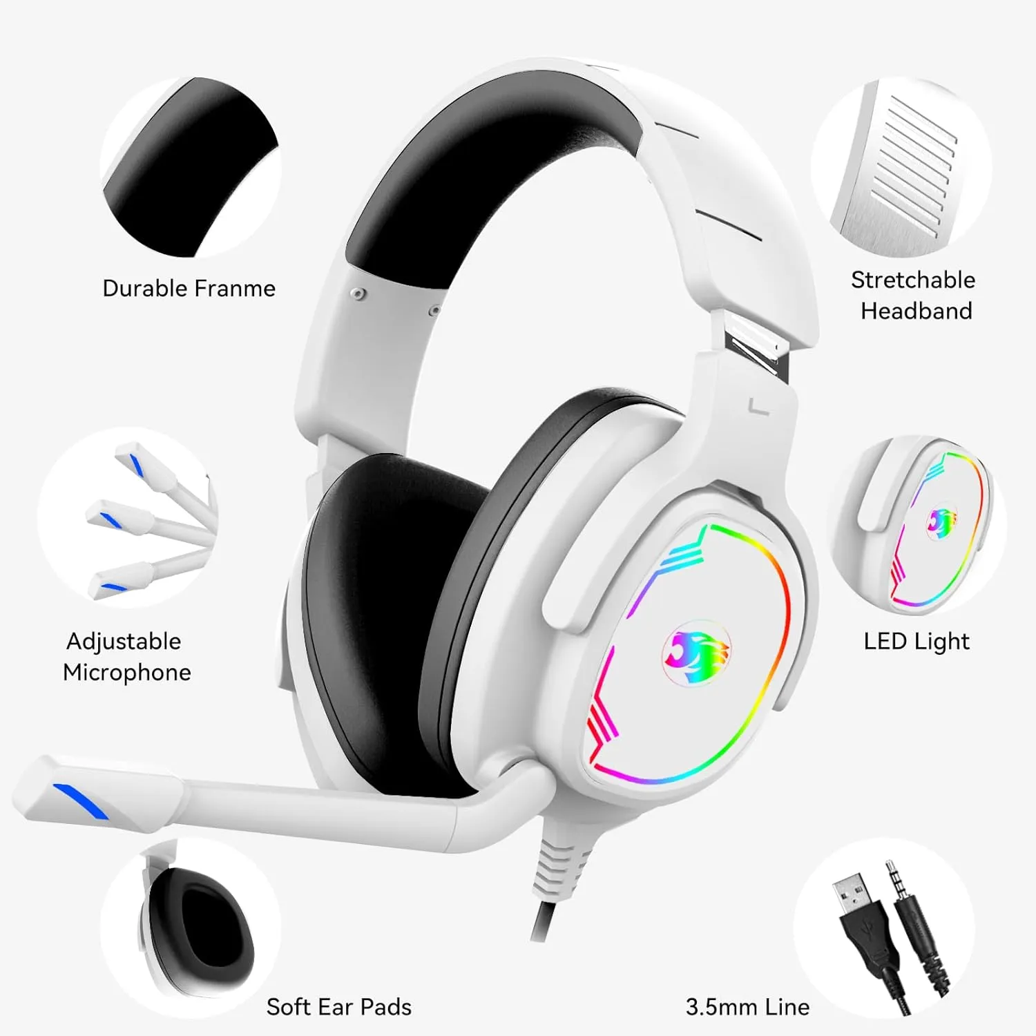Gaming Headset for PC/PS4/PS5/Xbox One/Switch, Stereo Surround Sound Gaming Headphones with Noise Canceling Flexible Mic, Computer Headset with 3.5mm Jack & RGB Light (White)