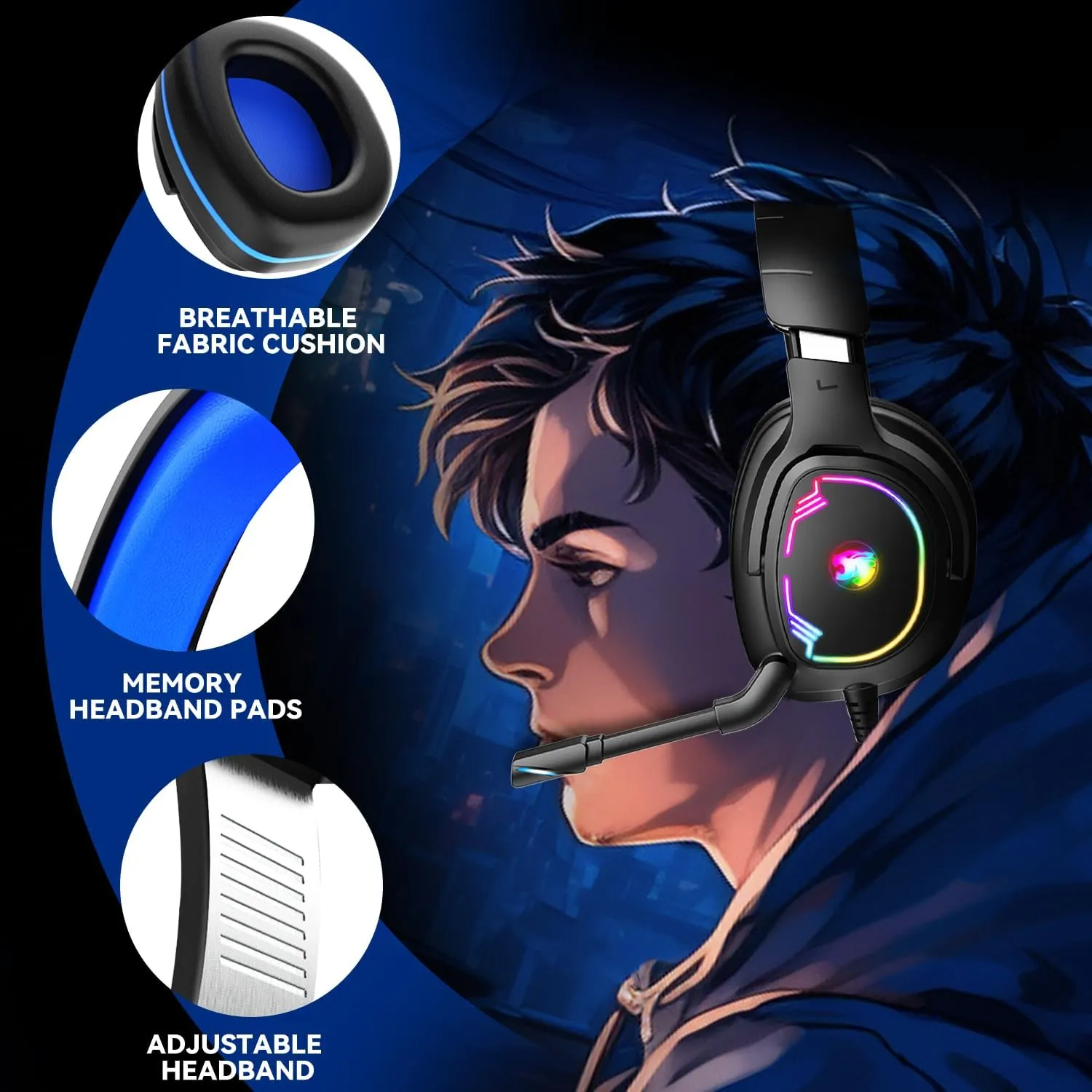 Gaming Headset for PC/PS4/PS5/Xbox One/Switch, Stereo Surround Sound Gaming Headphones with Noise Canceling Flexible Mic, Computer Headset with 3.5mm Jack & RGB Light(Blue)
