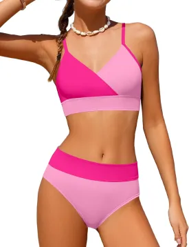 Girls Swimsuit V Neck Bikini Set Color Block with Cover Up 3Pcs Bathing Suits