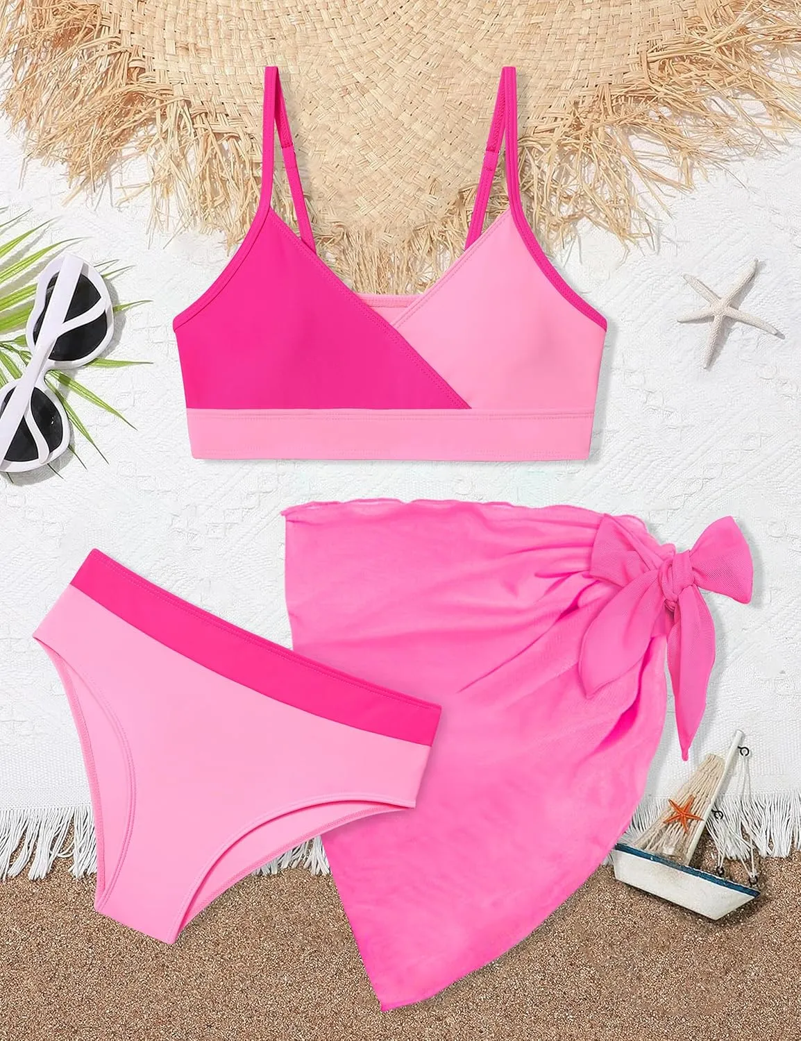 Girls Swimsuit V Neck Bikini Set Color Block with Cover Up 3Pcs Bathing Suits