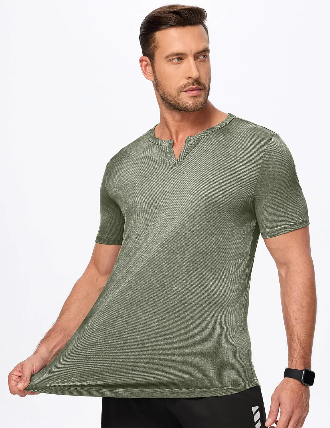 JMIERR Men's Muscle V-Neck T Shirt Short Sleeve Longline Ribbed Henley Shirt Gym Workout Athletic Tee Shirts