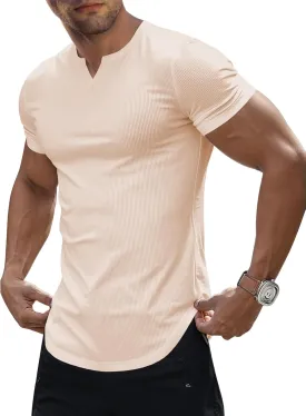 JMIERR Men's Muscle V-Neck T Shirt Short Sleeve Longline Ribbed Henley Shirt Gym Workout Athletic Tee Shirts