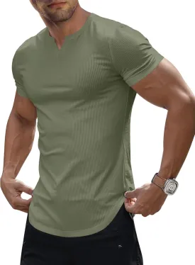 JMIERR Men's Muscle V-Neck T Shirt Short Sleeve Longline Ribbed Henley Shirt Gym Workout Athletic Tee Shirts