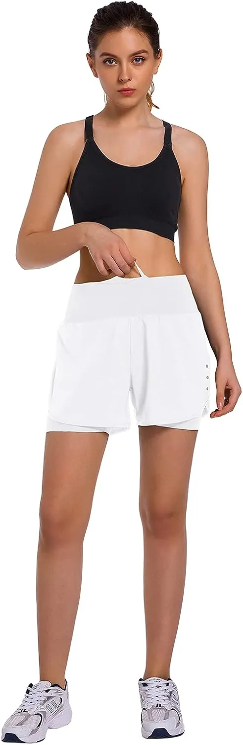 Ksmien Women's 2 in 1 Running Shorts - Lightweight Athletic Workout Gym Yoga Shorts Liner with Phone Pockets