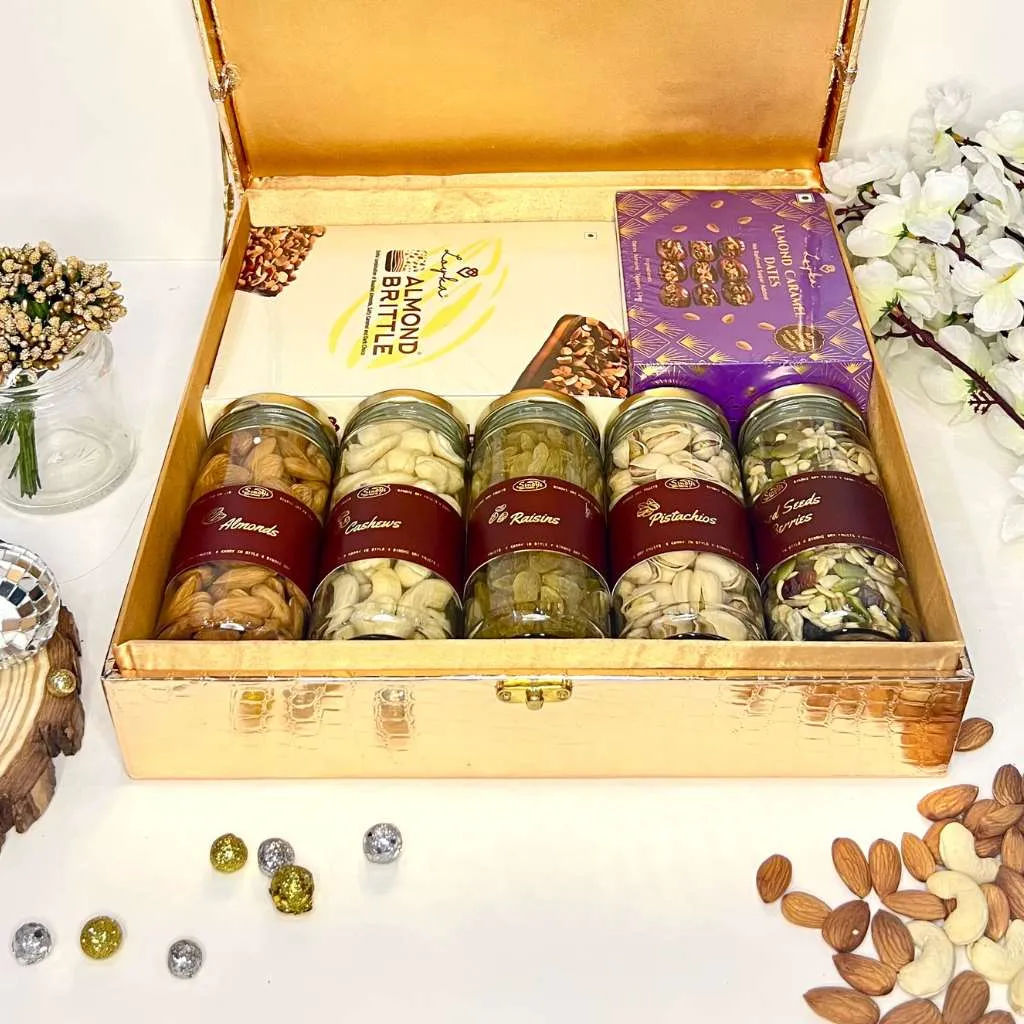 Leather Finish Tray With Dry Fruits And Edible Gift Items