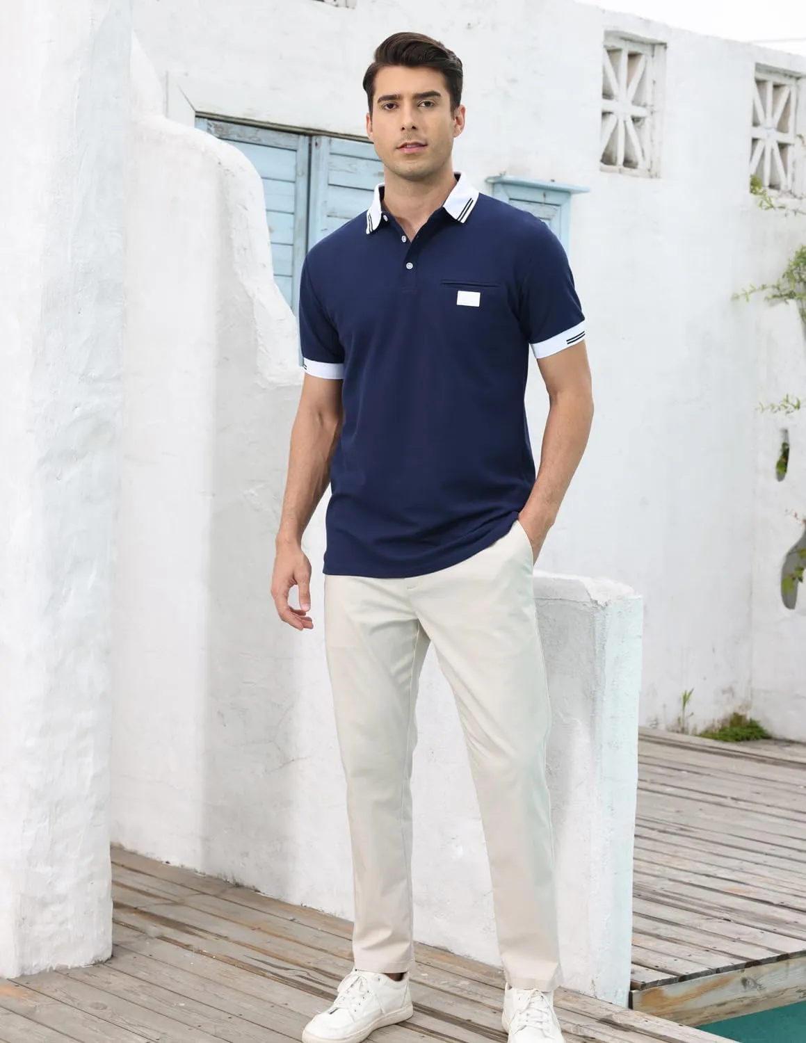 LIUPMWE Polo Shirts for Men with Pocket Elegante Plaided Short Sleeve Cotton T Shirts Golf Shirt