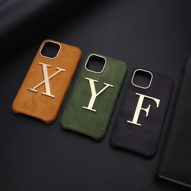 Luxury Winter Fabric Custom Initial Golden Metal iPhone Soft Case