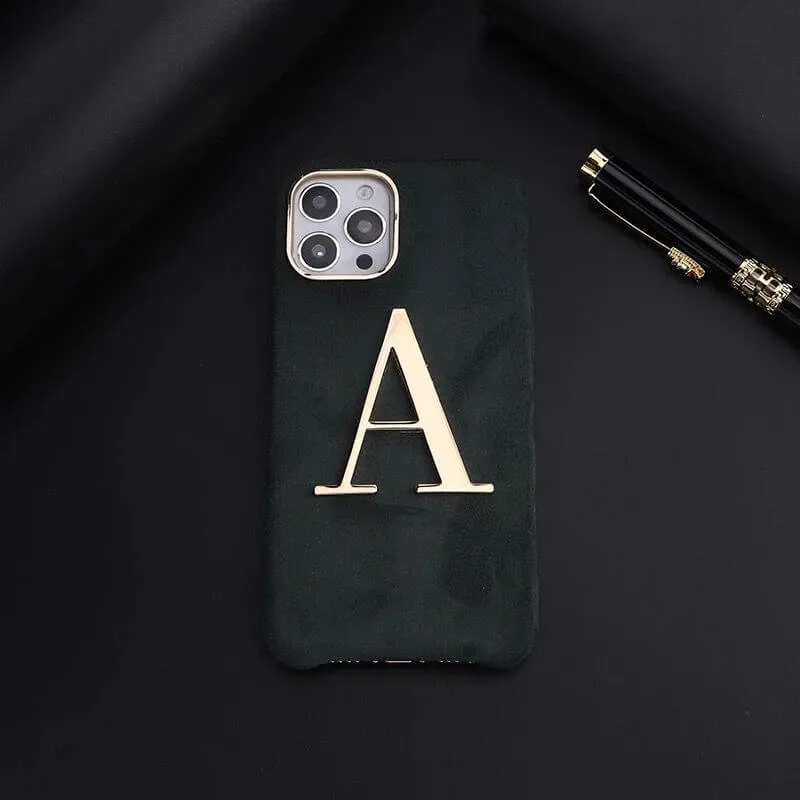 Luxury Winter Fabric Custom Initial Golden Metal iPhone Soft Case