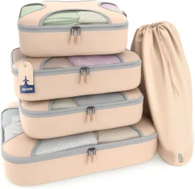 Shacke Premium 5 Packing Cubes Set - Lightweight Mesh Travel Luggage Organizers with Laundry Bag, 5-Piece Suitcase Storage System (Nude Biege)