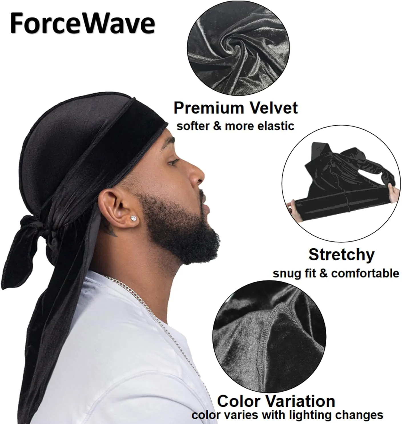 Velvet Durags for Men Wave Cap 6 Pieces Premium Do Rags Set for Men Women with Long Tail and Wide Strap