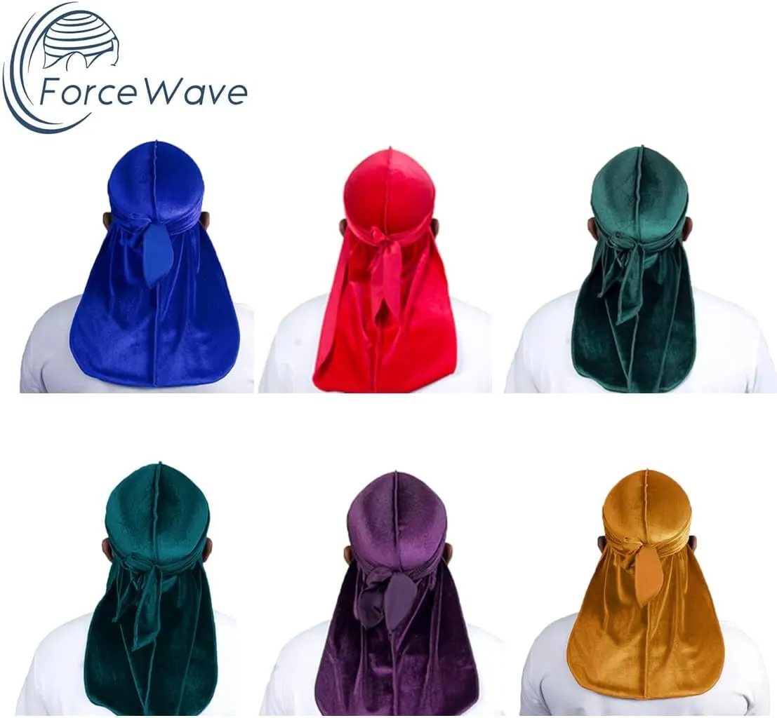 Velvet Durags for Men Wave Cap 6 Pieces Premium Do Rags Set for Men Women with Long Tail and Wide Strap