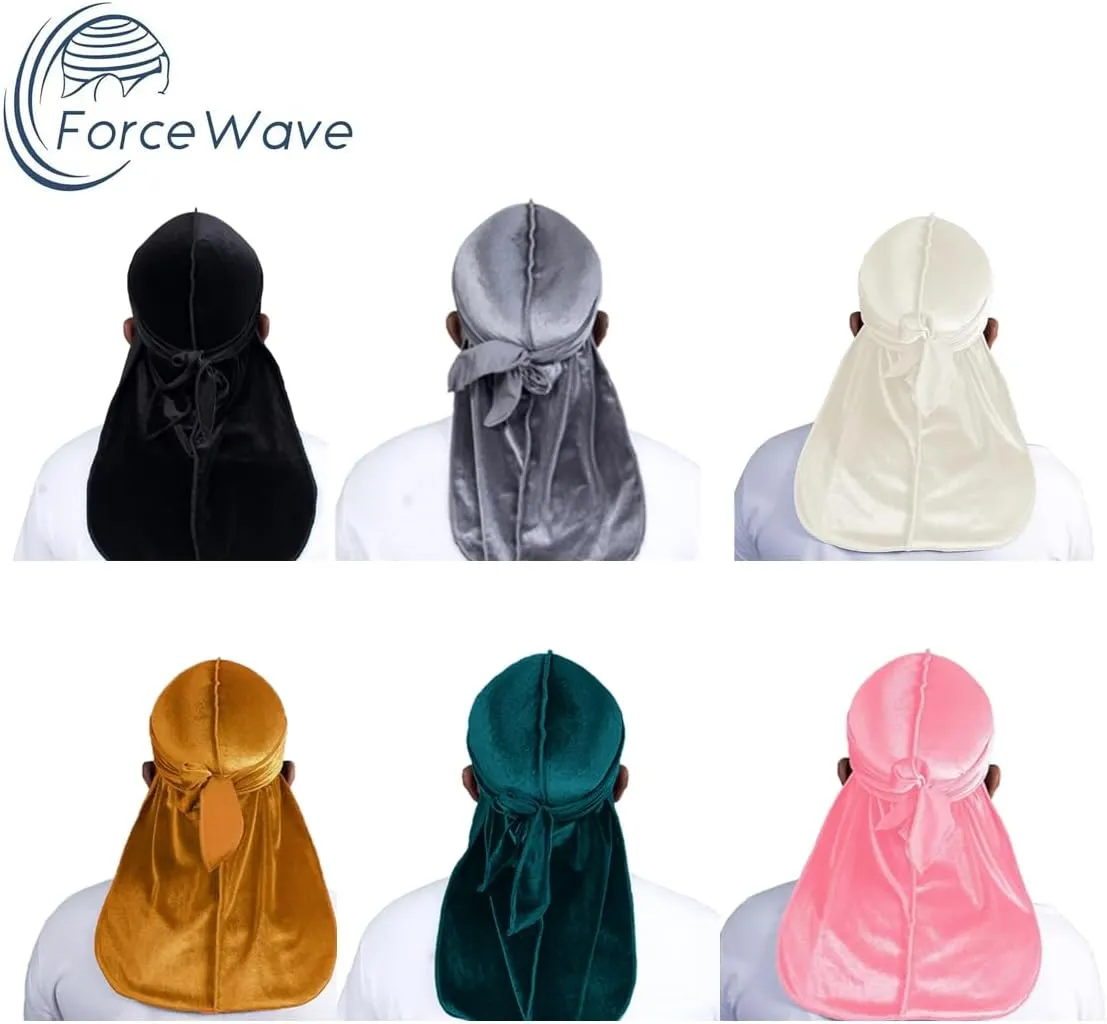 Velvet Durags for Men Wave Cap 6 Pieces Premium Do Rags Set for Men Women with Long Tail and Wide Strap