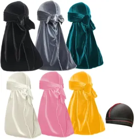 Velvet Durags for Men Wave Cap 6 Pieces Premium Do Rags Set for Men Women with Long Tail and Wide Strap