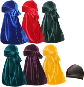 Velvet Durags for Men Wave Cap 6 Pieces Premium Do Rags Set for Men Women with Long Tail and Wide Strap